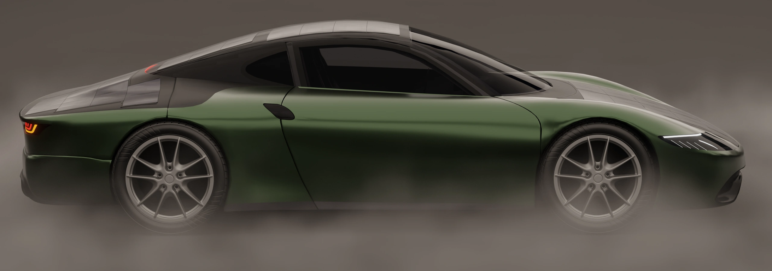Sunswift 8 in deep green, viewed in profile through studio smoke